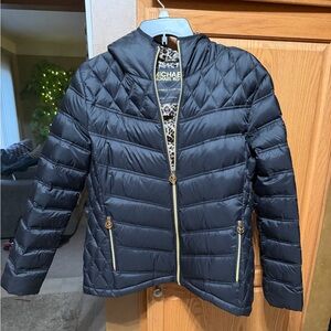 Michael Kors Kids Navy Puffer Jacket with Gold Accents